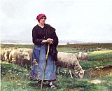 Shepherdess Canvas Paintings - A Shepherdess with her flock